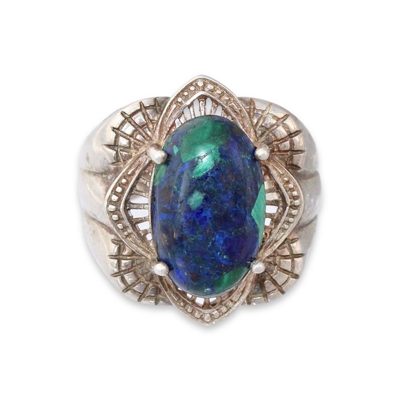 Vintage Azurite Malachite Sterling Silver Ring Size 7 Blue Green Azurmalachite - Picture 4 of 8
